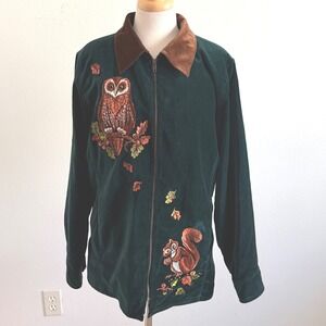 Bob Mackie Wearable Art Jacket Sz Lg Owl Squirrel Embroidered Velvet Green